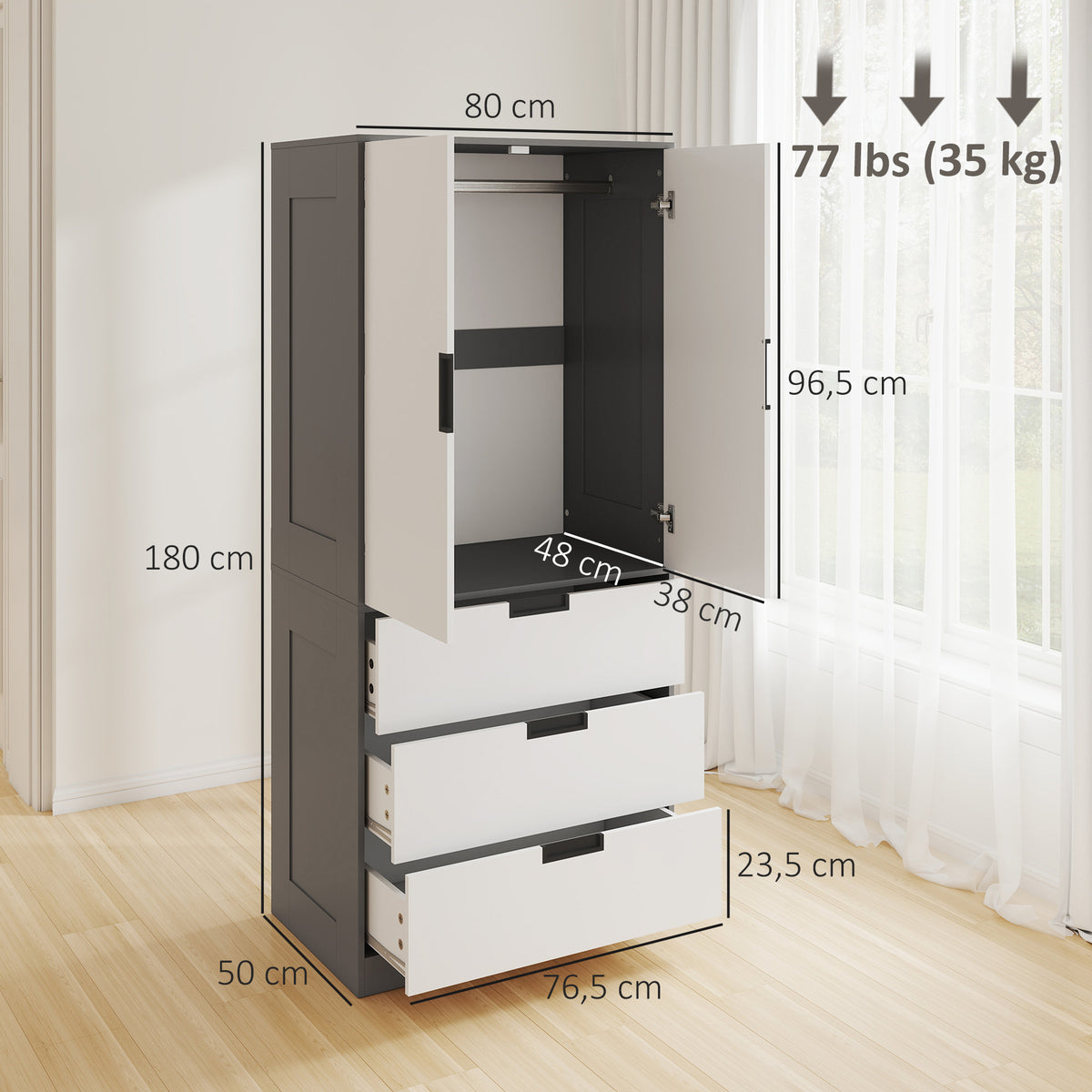 Armoire chambre penderie avec 2 portes à fermeture douce, 3 tiroirs et barre de suspension, 80x50x180cm, gris et blanc-2