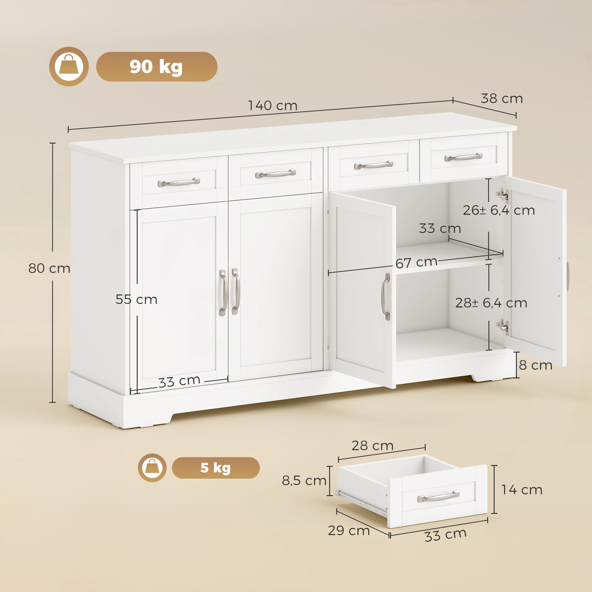 Buffet Cuisine avec Tiroirs, Portes, Étagères Réglables, Style Shaker, Dispositif Anti-Basculement, 140x38x80cm, Blanc-2
