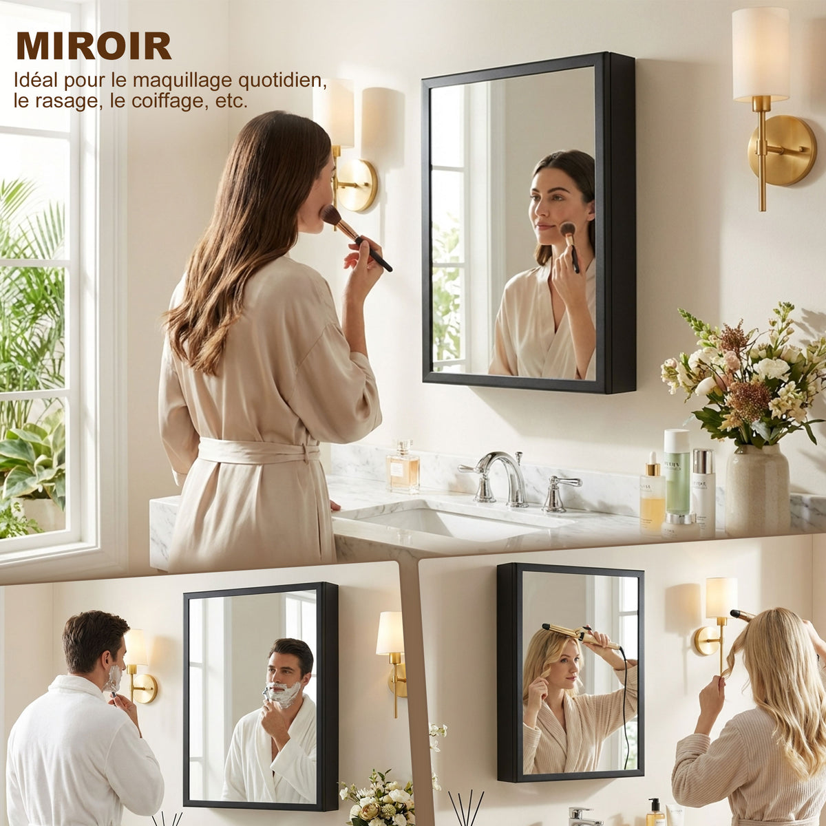 Armoire miroir de salle de bain armoire murale armoire à glace avec 1 porte et 2 étagères en acier 40 x 12 x 60 cm noir-4