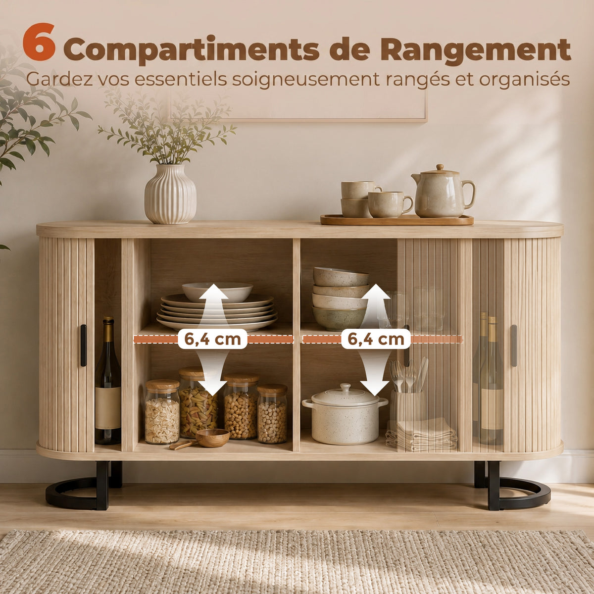 Buffet salon, meuble de rangement ovale avec 2 portes coulissantes et étagères réglables, 140x40x75cm, bois naturel-4