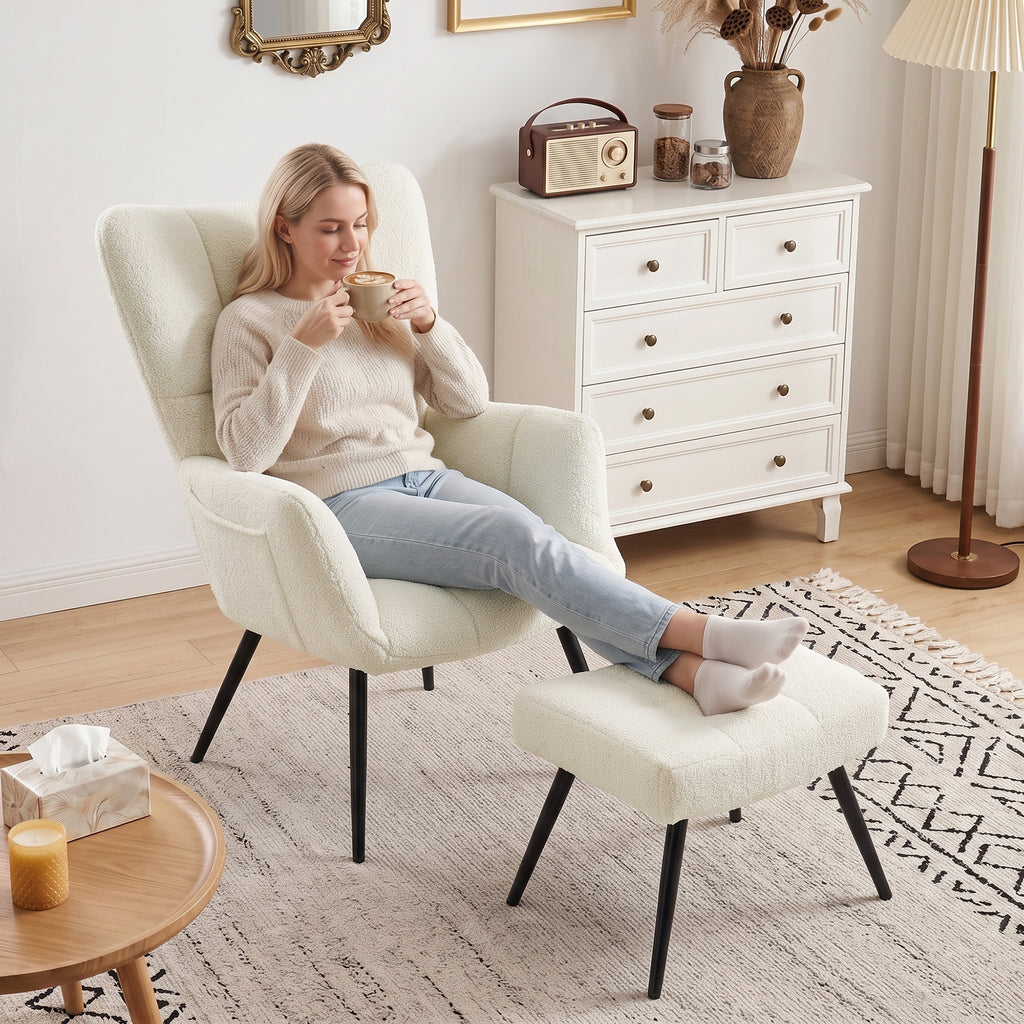 Fauteuil de Salon avec Repose-Pied, Fauteuil d'Appoint Capitonné en Peluche Teddy, Dossier Haut, Poches Latérales, Beige-9