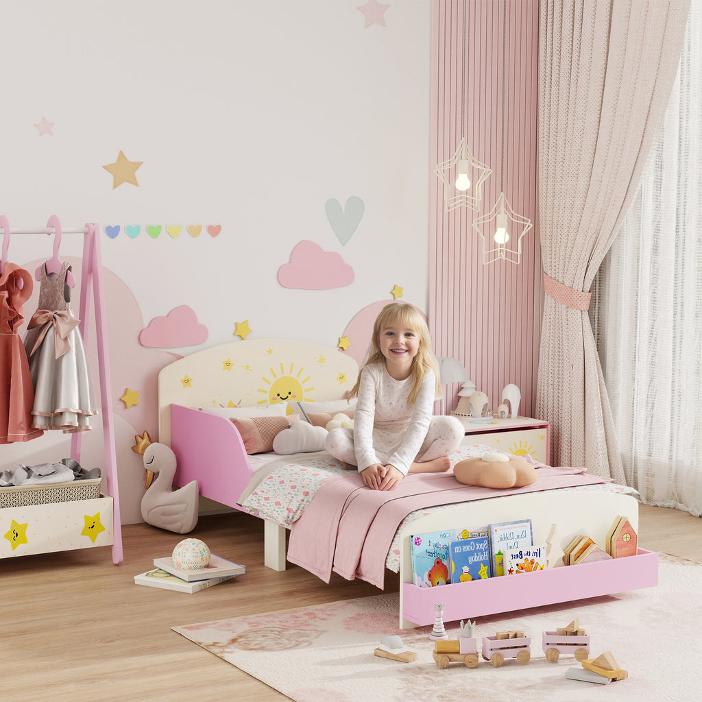 Lit enfant 70 x 140 cm, lit pour enfant avec barriere de securite et sommier à lattes, espace de rangement, rose-1
