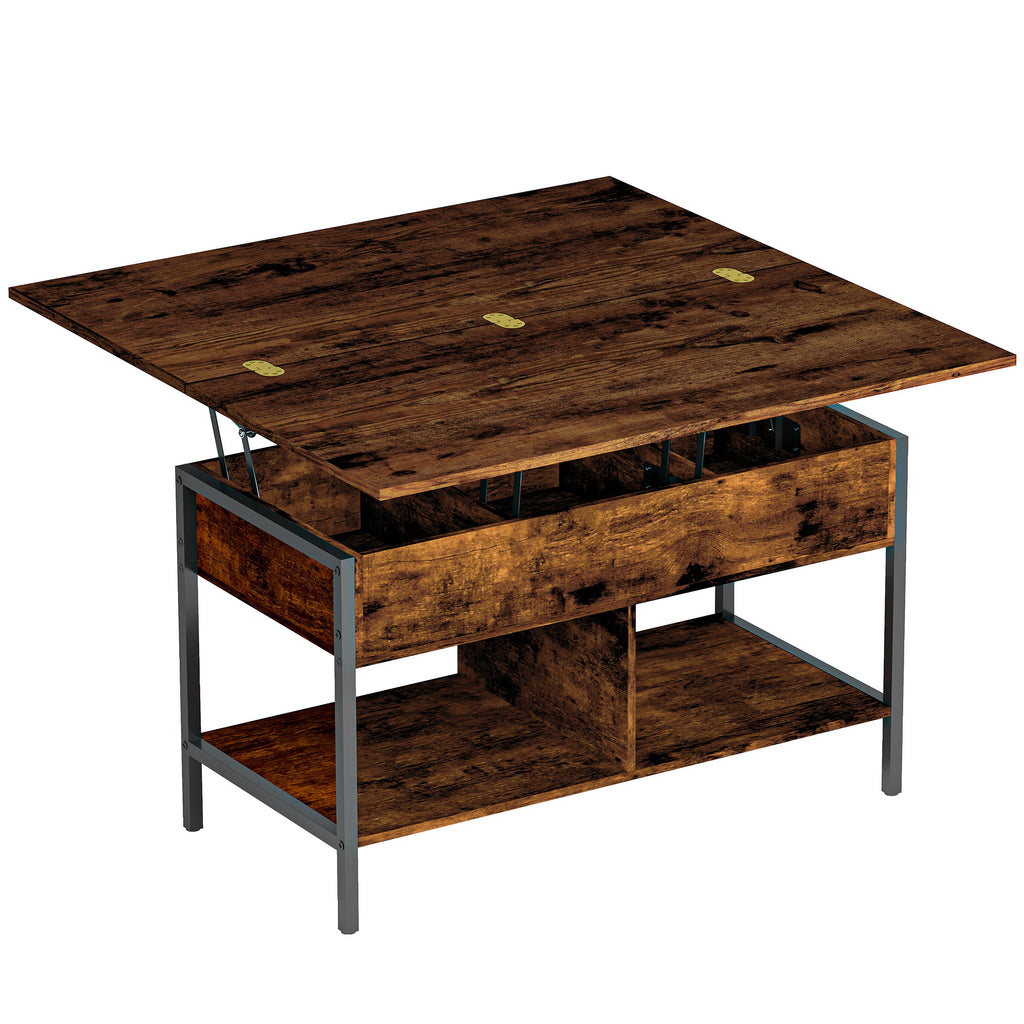 Table basse relevable et extensible, table de salon avec compartiment caché étagères ouvertes, 98x49x55cm, brun rustique-0
