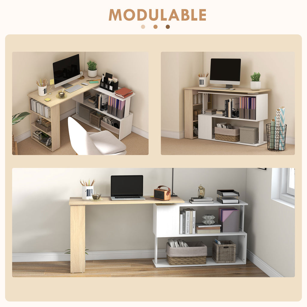 Bureau d'angle bureau informatique modulable bibliothèque intégrée + étagère 3 niveaux blanc et bois naturel-4