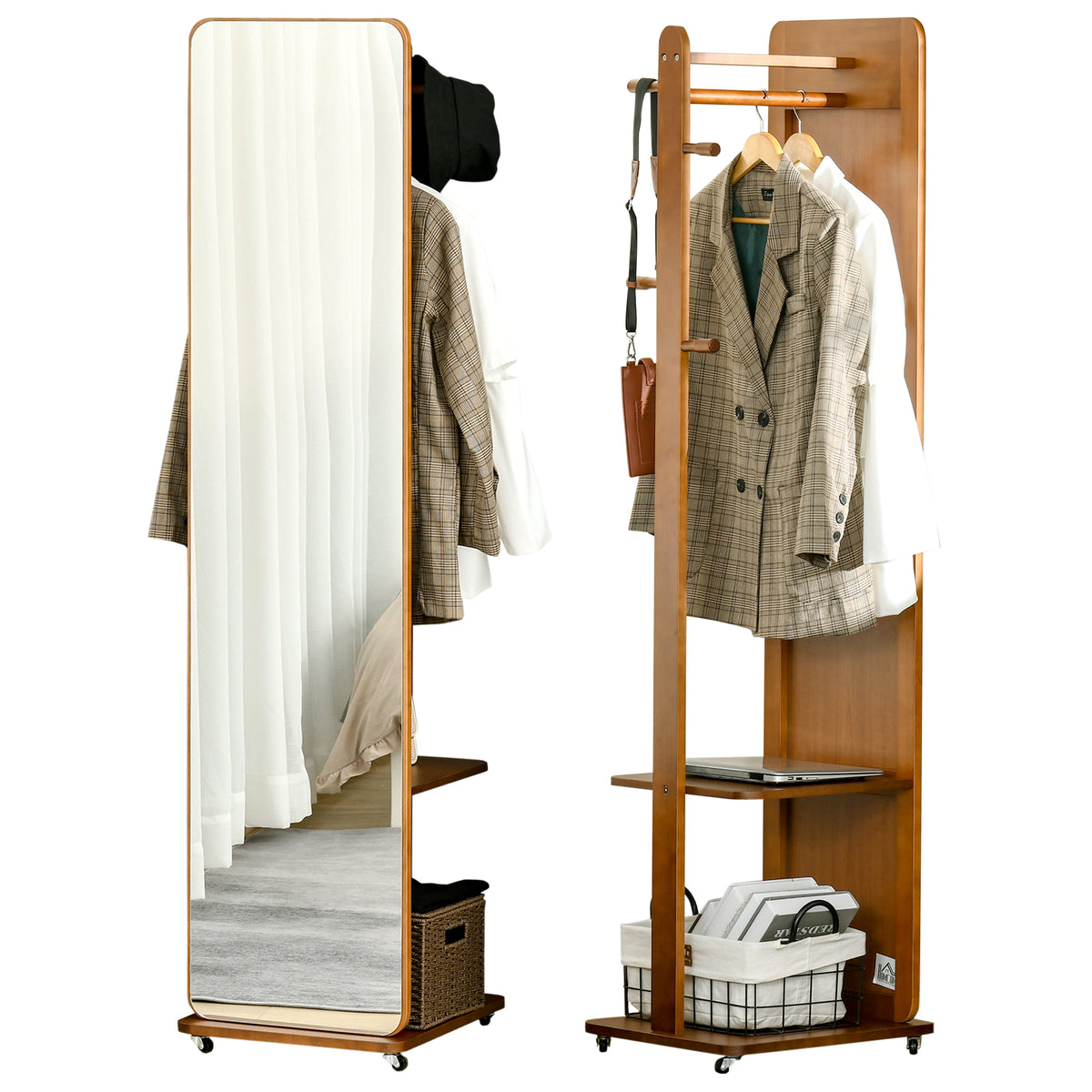 Miroir sur Pied avec roulettes - Portant, 4 patères étagère MDF Aspect Noyer-0