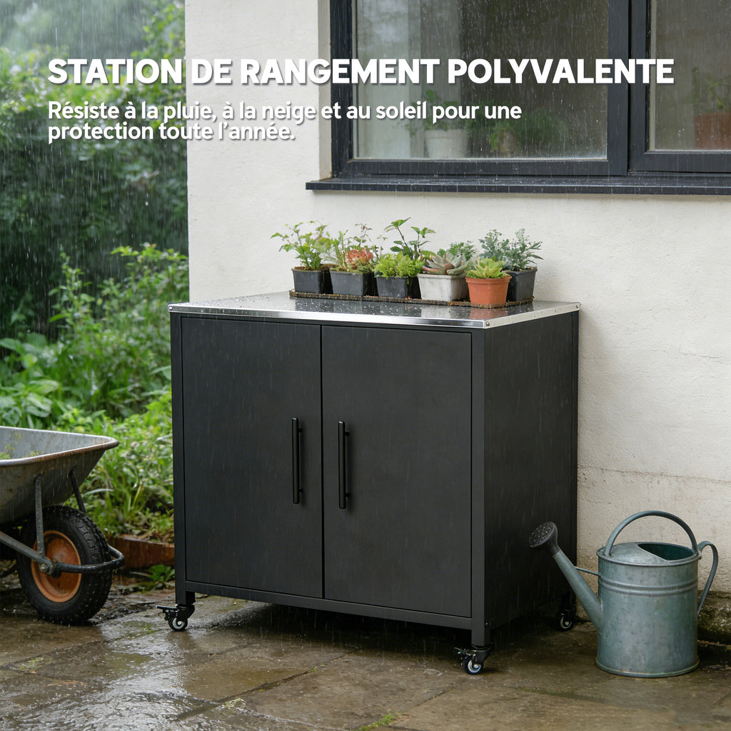 Armoire de jardin en Métal, Armoire de Rangement Extérieur, Toit en Acier Inoxydable et Roulettes, Noir-5