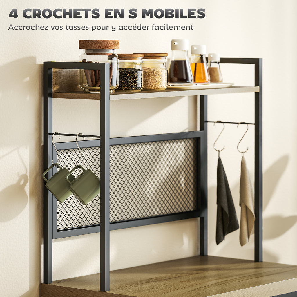 Armoire de cuisine style industriel avec 3 tiroirs, plan de travail, étagère et 4 crochets, 60x40x132cm-5