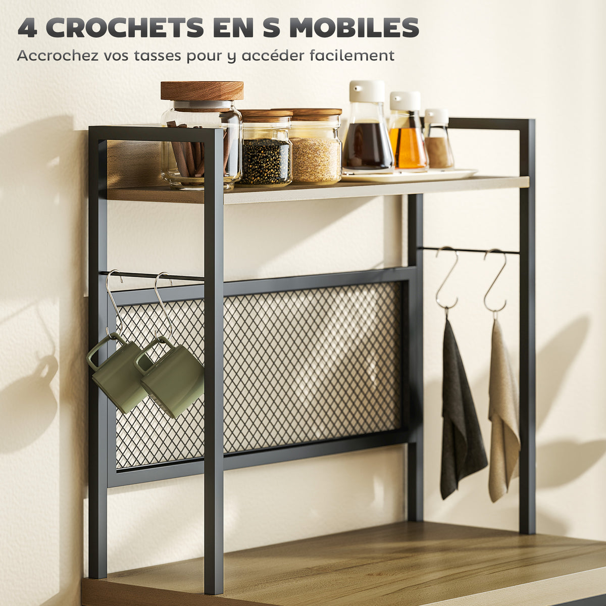 Armoire de cuisine style industriel avec 3 tiroirs, plan de travail, étagère et 4 crochets, 60x40x132cm-5