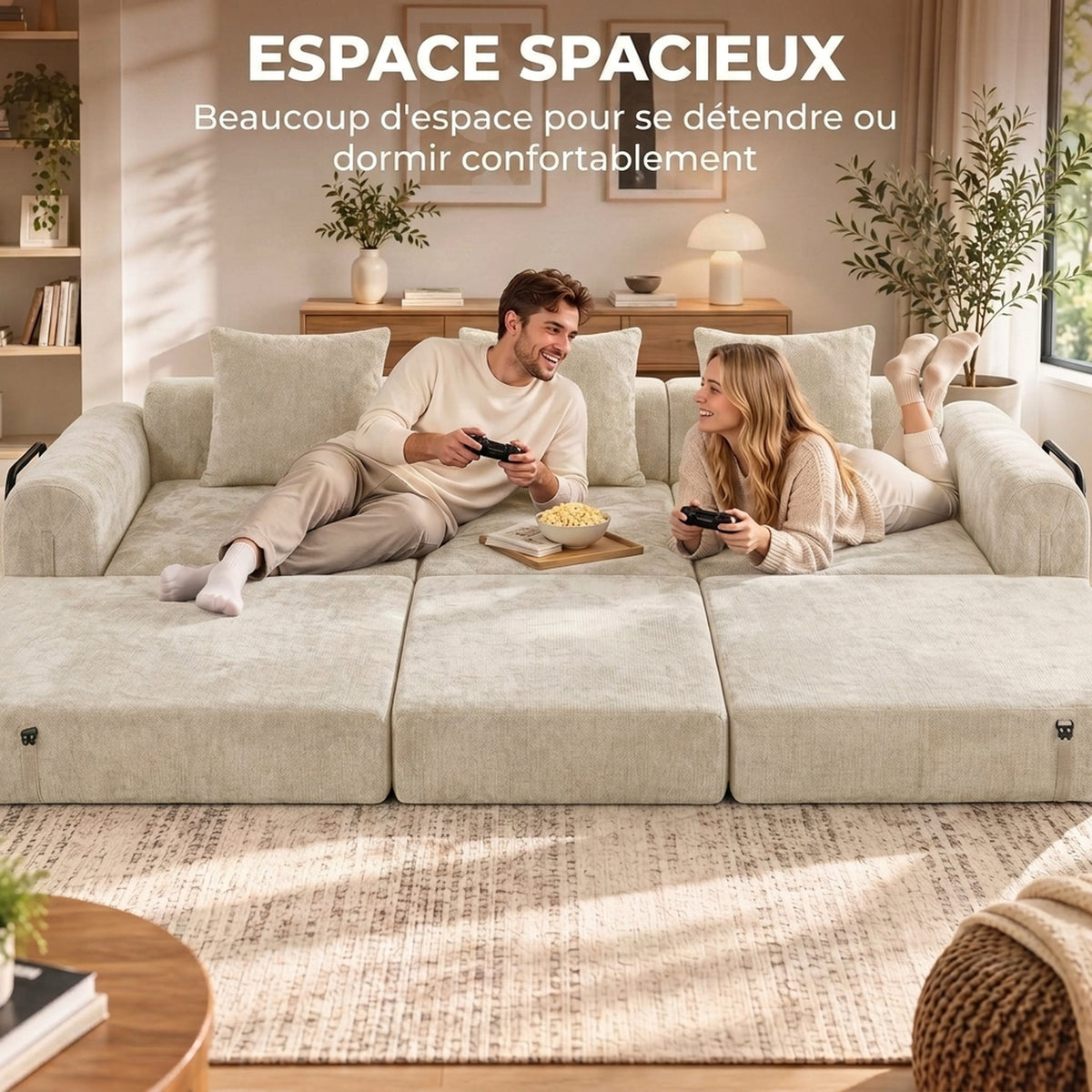 Canapé-Lit Pliable 245 cm, Canapé Compressé 3 Places Modulaire en Chenille avec Assise large, 3 Coussins, Beige-4