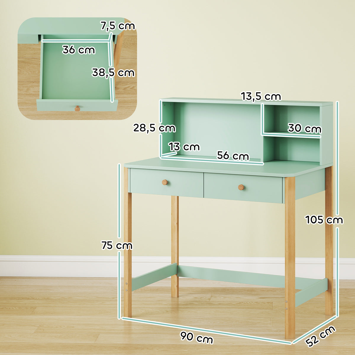 Bureau enfant en bois, bureau avec rangement, 2 tiroirs et 3 compartiments ouverts, plateau large, 90x52x105cm, vert-2