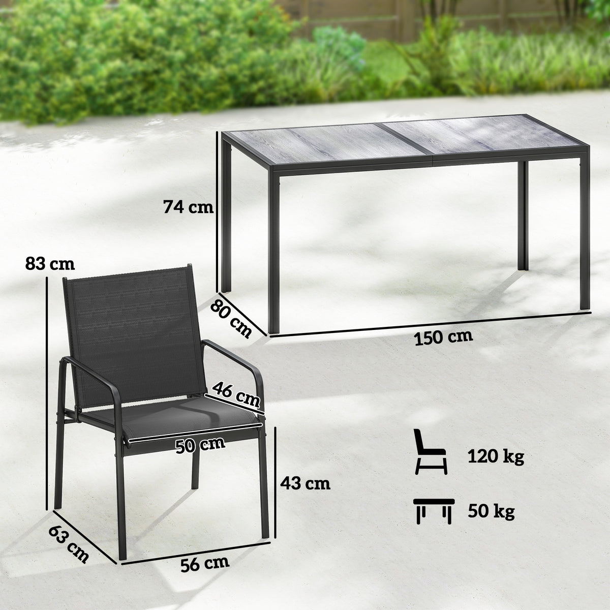 Salon de Jardin Extérieur pour 6 Personnes, Table de Patio Effet Bois et Chaises avec Assise en Maille Respirante, Cadre en Acier Galvanisé, Noir-2