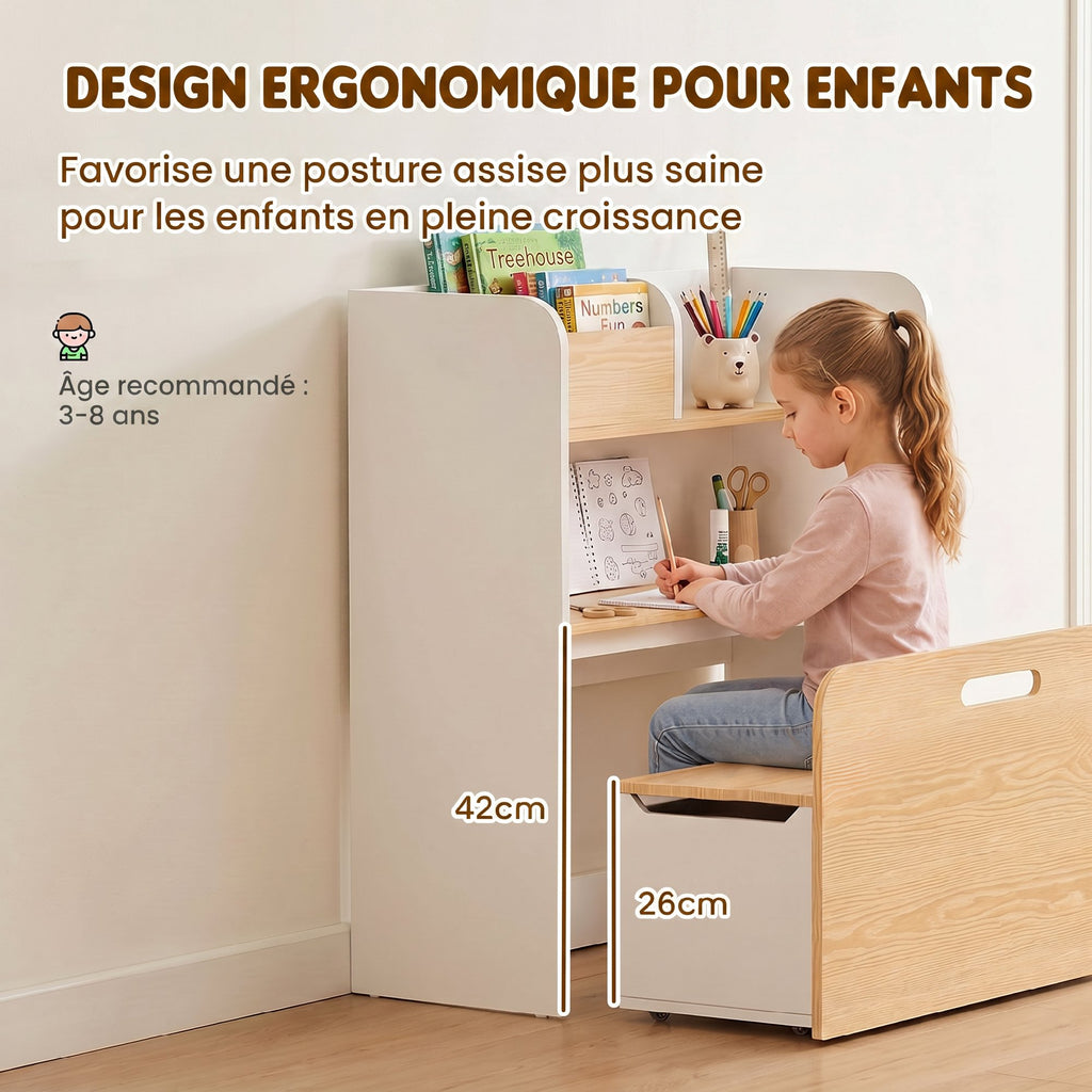 Bureau et Chaise pour Enfant 5 en 1 avec Bibliothèque et Banc Coffre à Roulettes, pour 3 à 8 Ans, Blanc-5