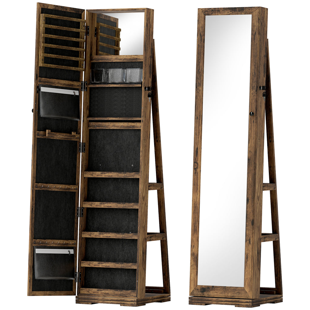 Armoire à Bijoux pivotante verrouillable boîte à bijoux avec Miroir - Armoire Bijoux Multi-Rangement - Brun Rustique-0