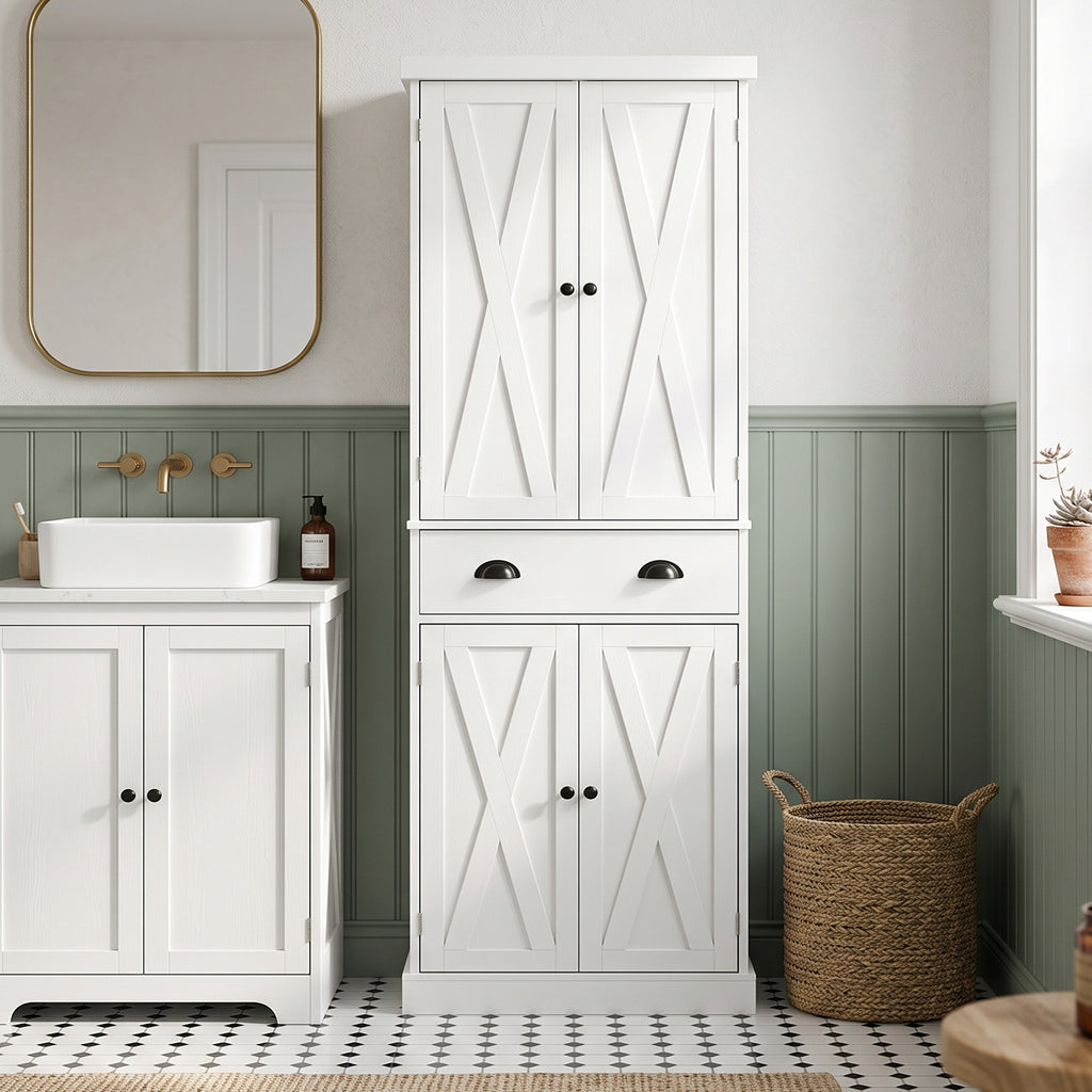 Buffet Haut Cuisine, Armoire de Cuisine avec 4 Portes, Tiroir et Étagères Réglables, Style Rustique, 62x38x173cm, Blanc-7