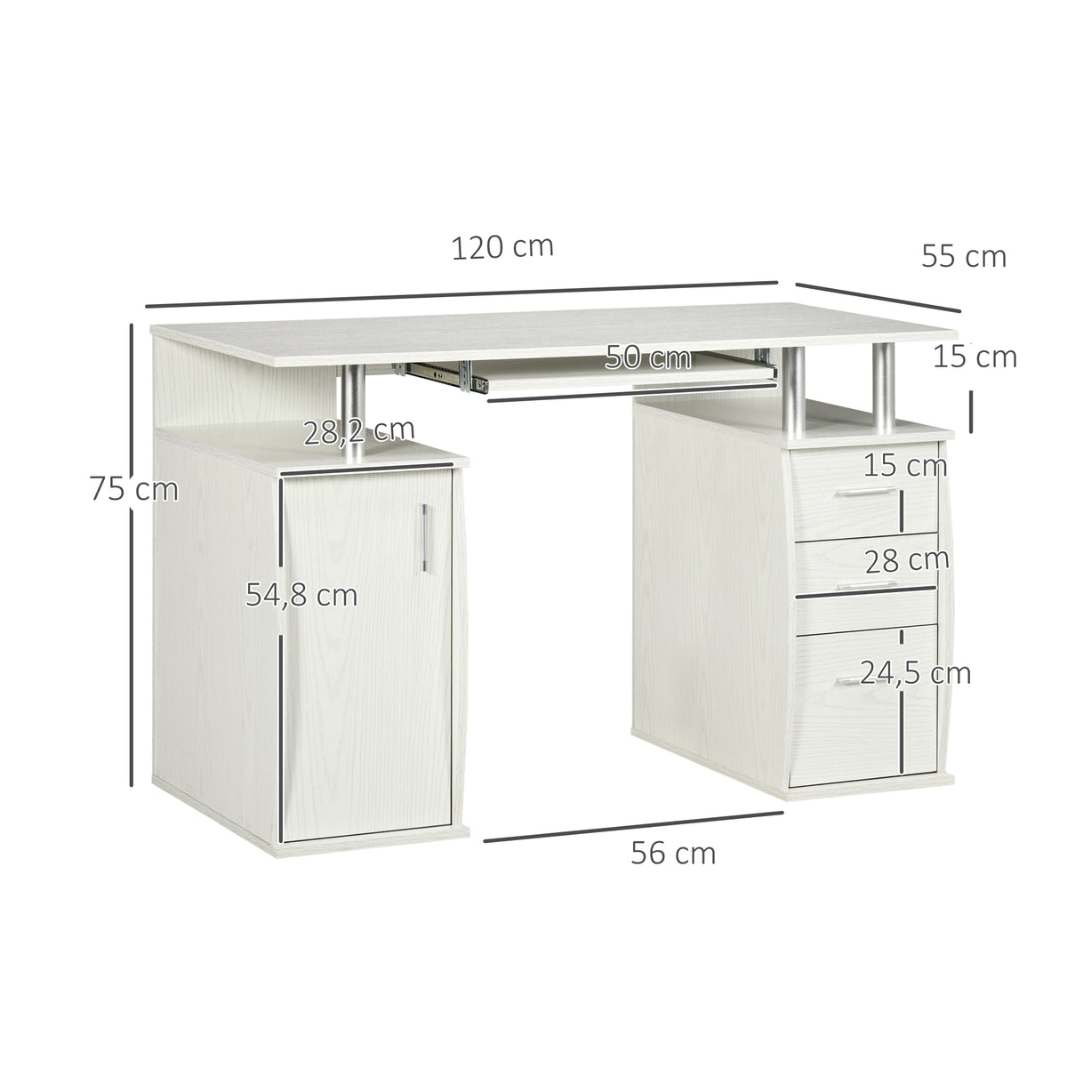 Bureau d'ordinateur, bureau informatique 120 x 55 cm avec plateau pour clavier, 3 tiroirs, pour chambre, domicile, blanc-2