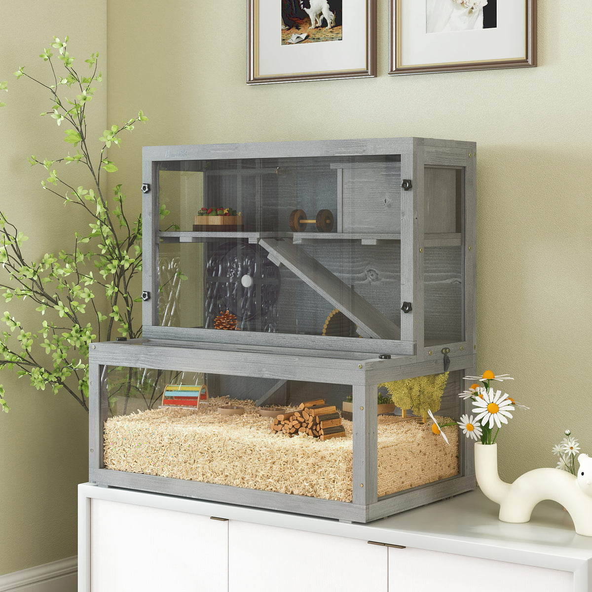 Gabbia per criceti in legno a 3 livelli con casetta e ruota, 80 × 50 × 84 cm, grigia-1