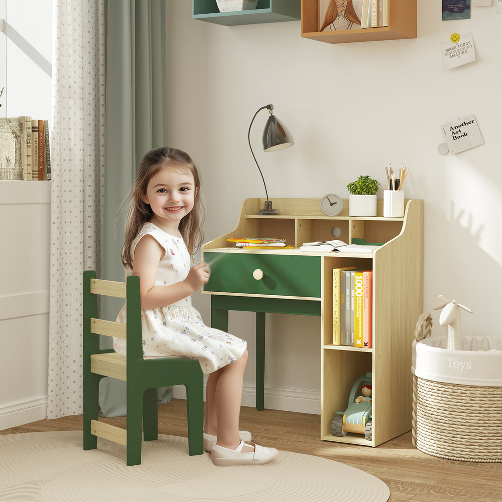 Ensemble bureau et chaise pour enfant avec étagères de rangement et tiroir, mobilier pour enfants de 3 à 10 ans, vert-1