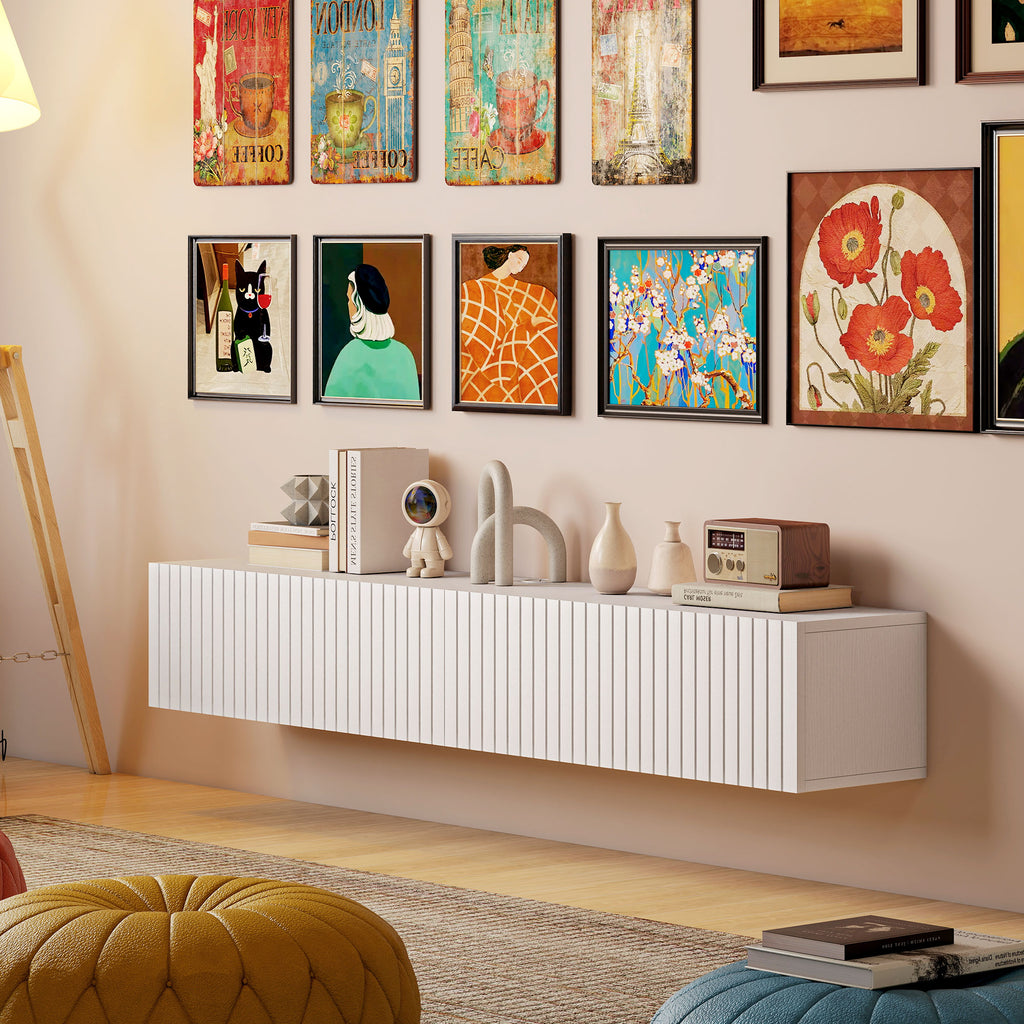 Meuble TV suspendu 140cm, meuble télé pour téléviseur 72 pouces, 2 portes rabattables, 140x25x22cm, blanc-7