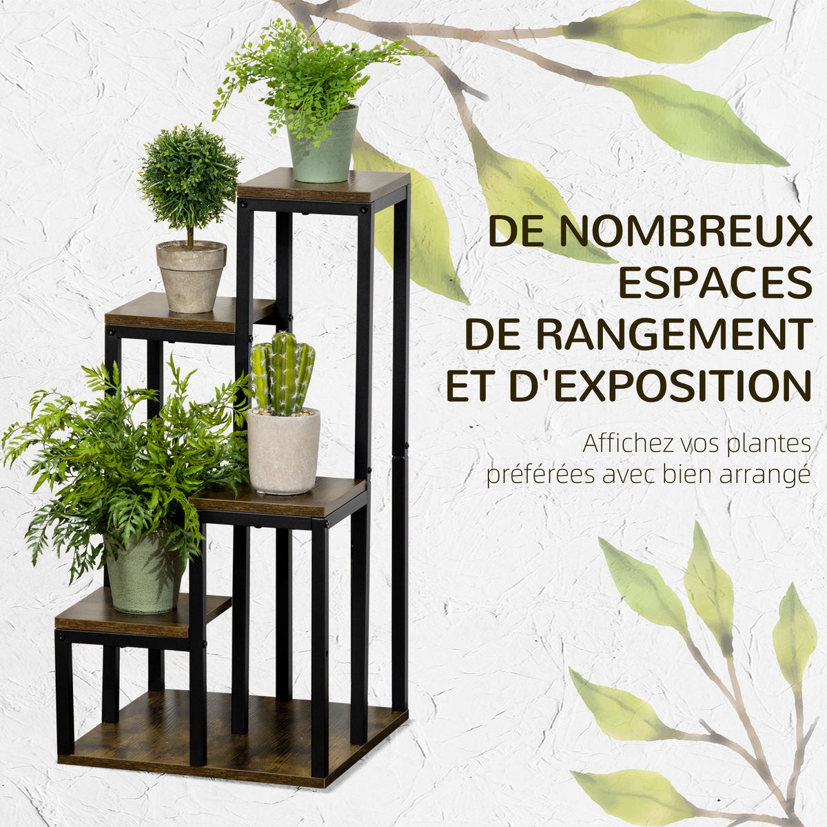 Support pour plantes étagère à fleurs 4 étagères différentes hauteurs structure acier 40 x 40 x 81 cm noir-3