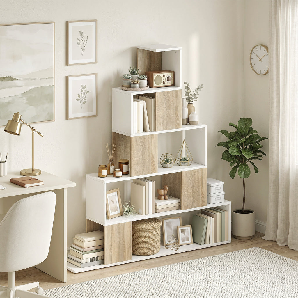 Étagère de rangement, bibliothèque géométrique à 5 niveaux, pour bureau, salon, chambre, blanc et bois naturel-9