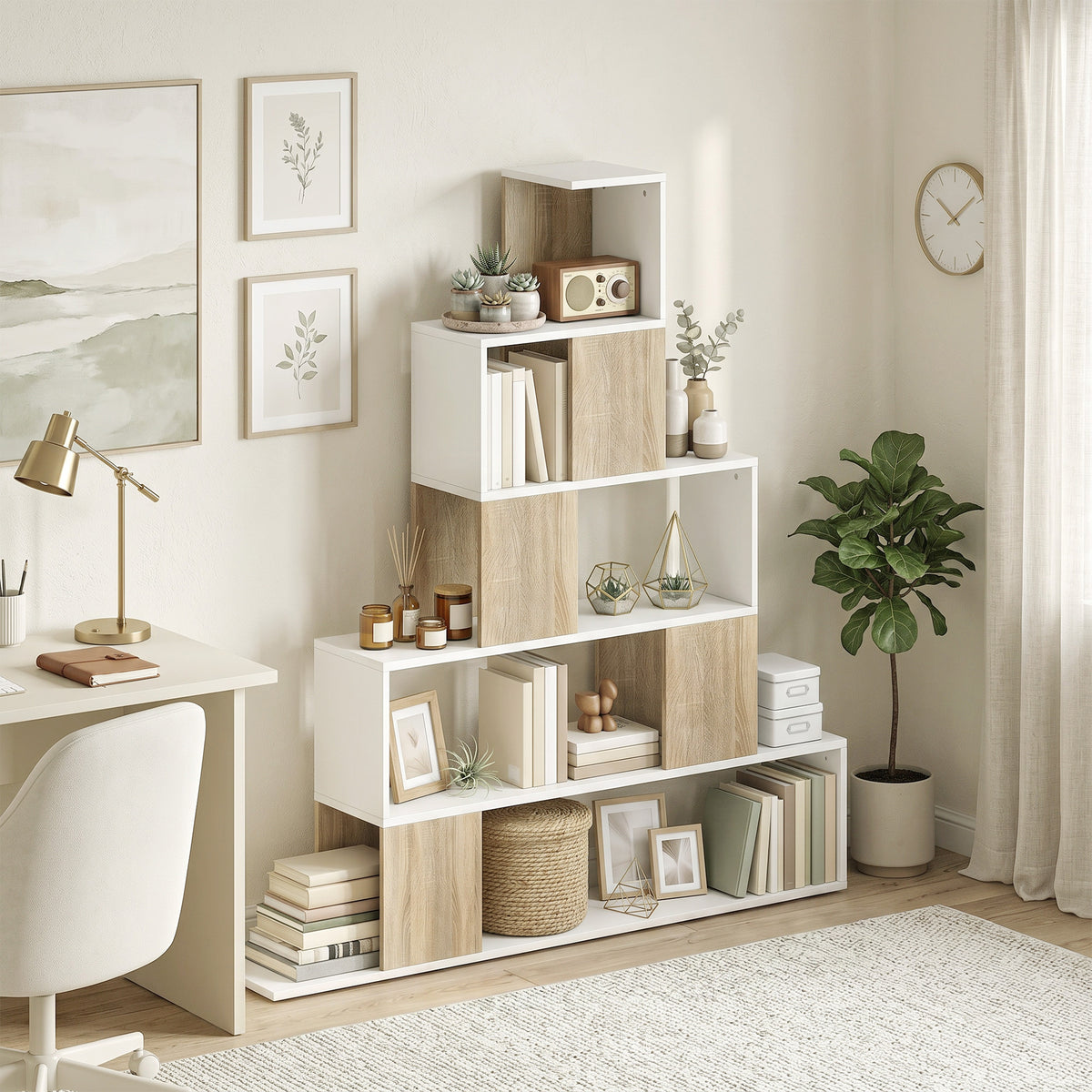 Étagère de rangement, bibliothèque géométrique à 5 niveaux, pour bureau, salon, chambre, blanc et bois naturel-9