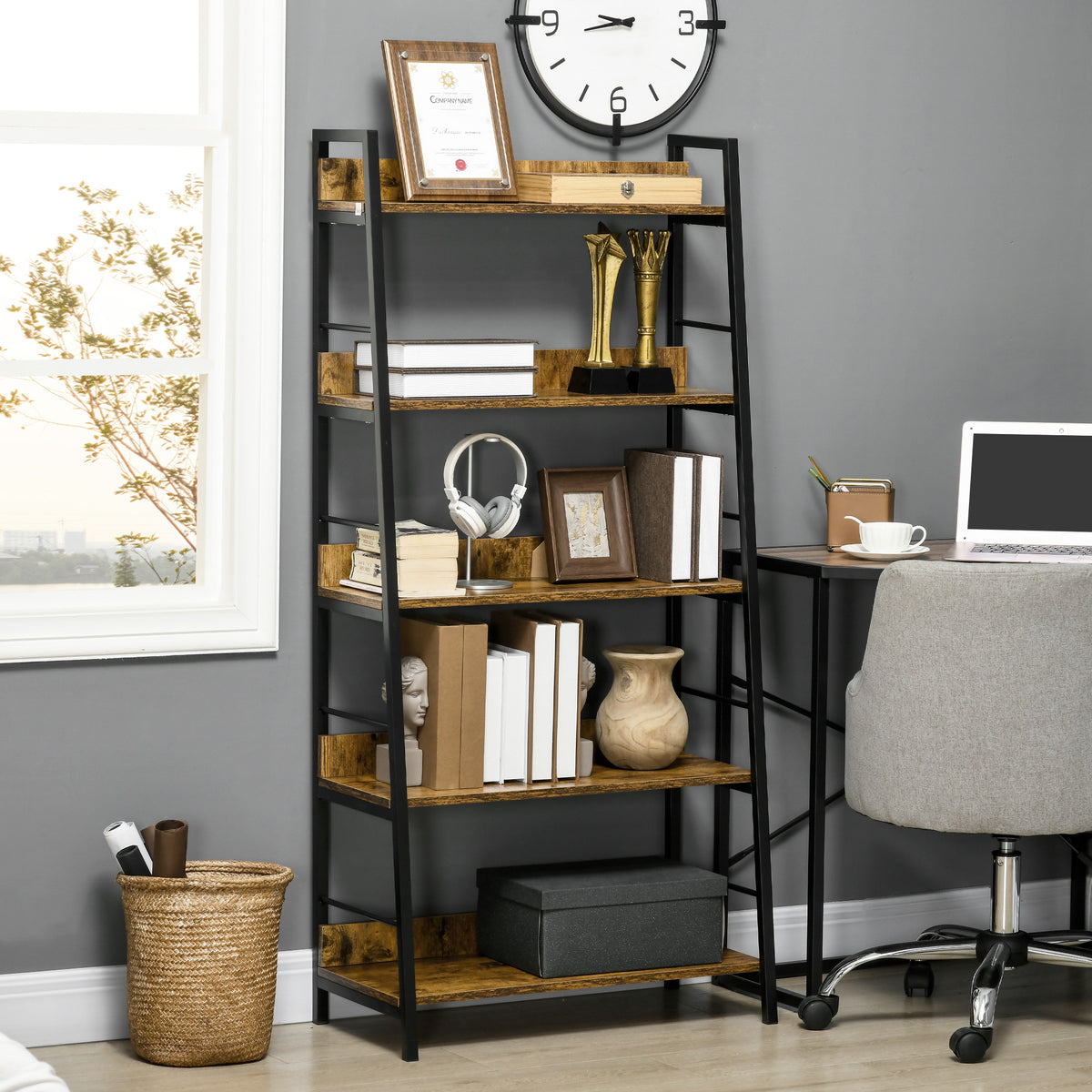 Étagère bibliothèque Style Industriel incliné 5 Niveaux 70L x 35l x 150H cm-1