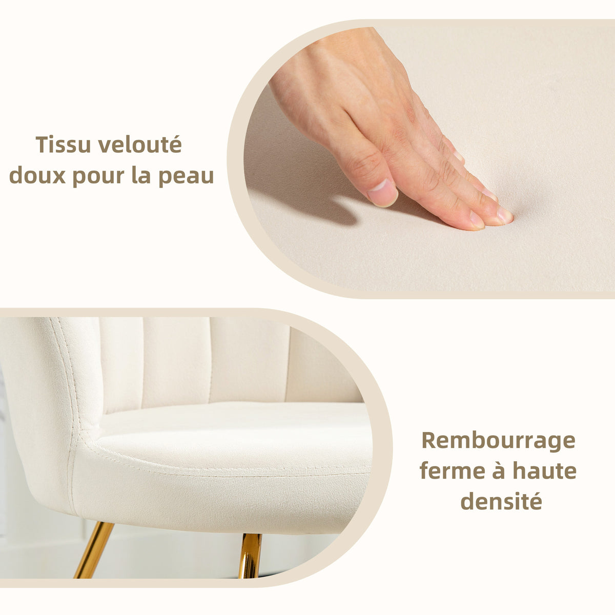 Fauteuil coquillage chaise coiffeuse fauteuil en velours fauteuil de salon avec pieds en acier 69 x 64 x 80 cm crème-4