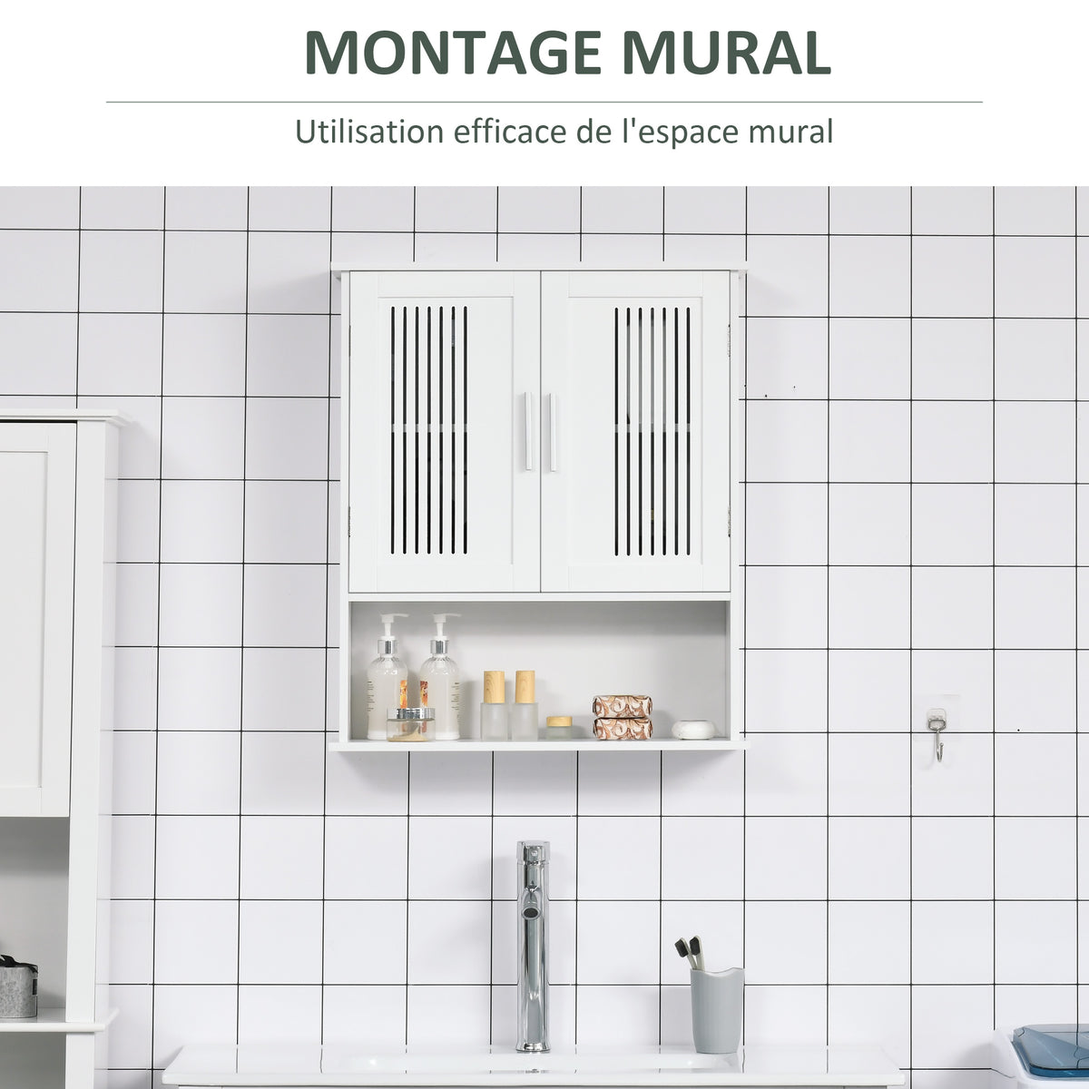 Armoire murale, meuble salle de bain avec étagère réglable, double porte et étagère ouverte, 60 x 20 x 70 cm, blanc-3