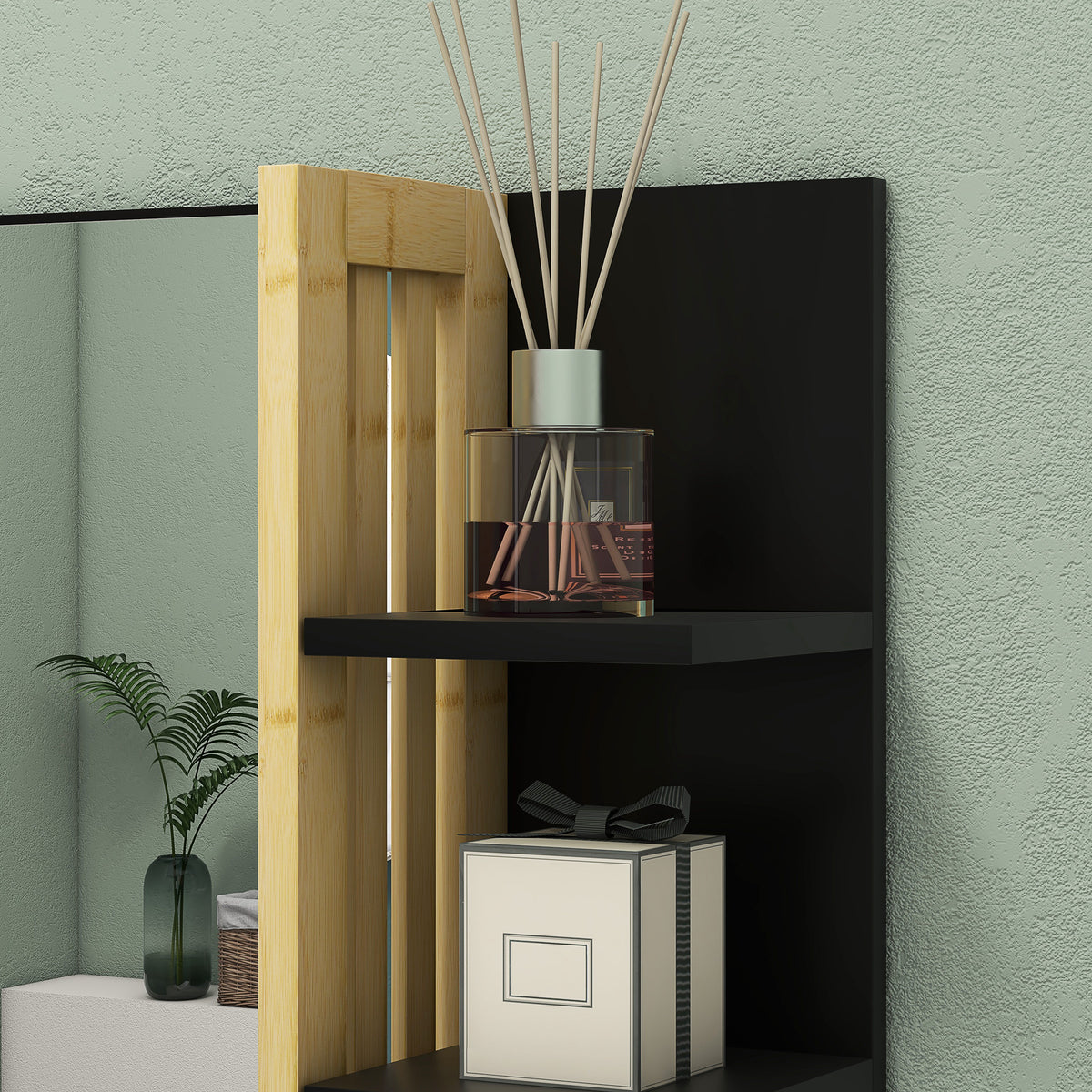 Miroir mural de salle de bain avec étagères de rangement - 3 étagères latérales + 1 étagère inférieure - bois de bambou-6