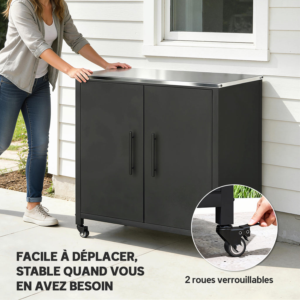 Armoire de jardin en Métal, Armoire de Rangement Extérieur, Toit en Acier Inoxydable et Roulettes, Noir-6