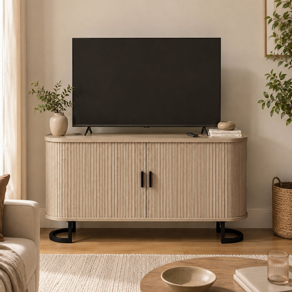 Buffet salon, meuble de rangement ovale avec 2 portes coulissantes et étagères réglables, 140x40x75cm, bois naturel-8