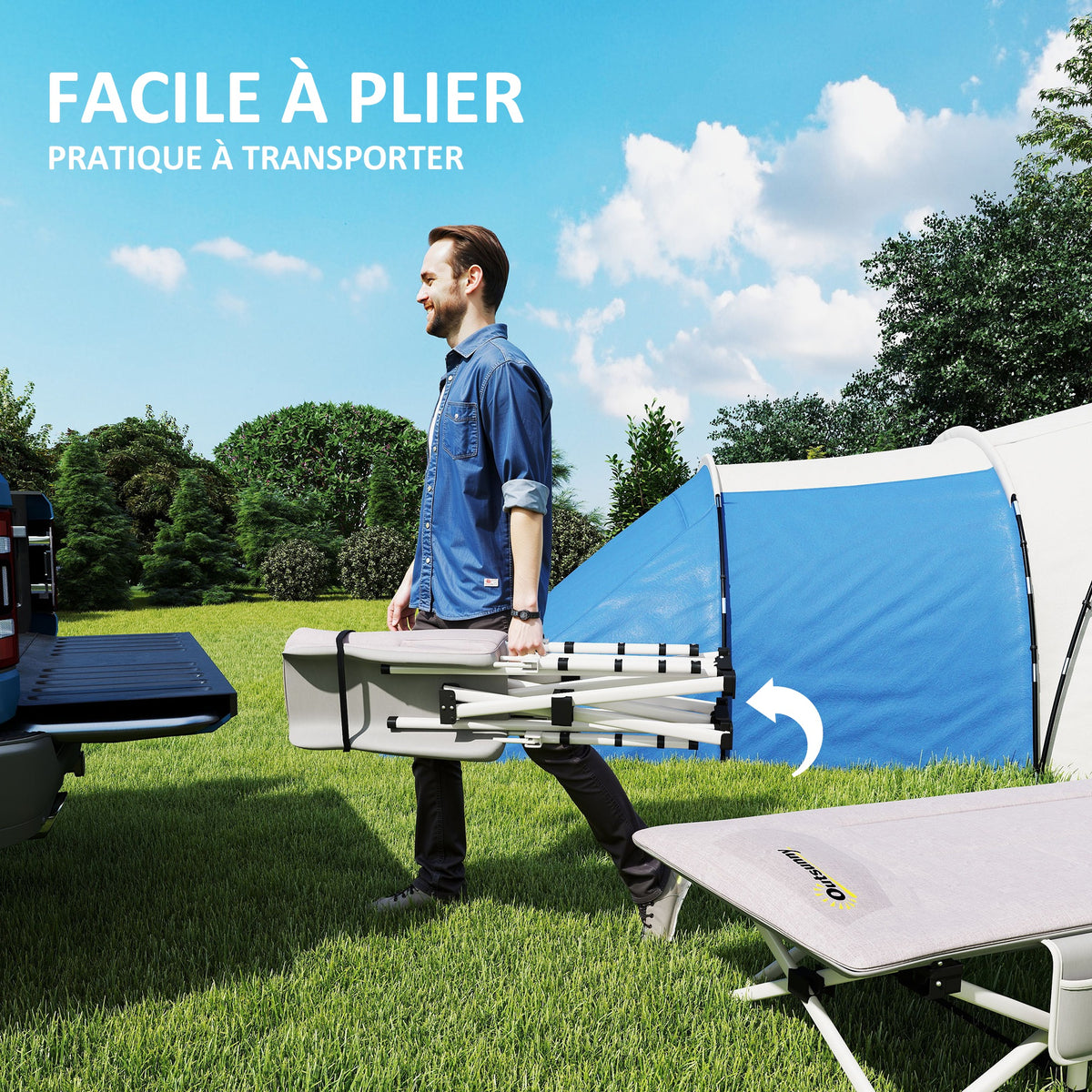 Lit de camping pliable avec matelas transat chaise longue sac de rangement intégrée dim. 185L x 65l x 37H cm gris-3