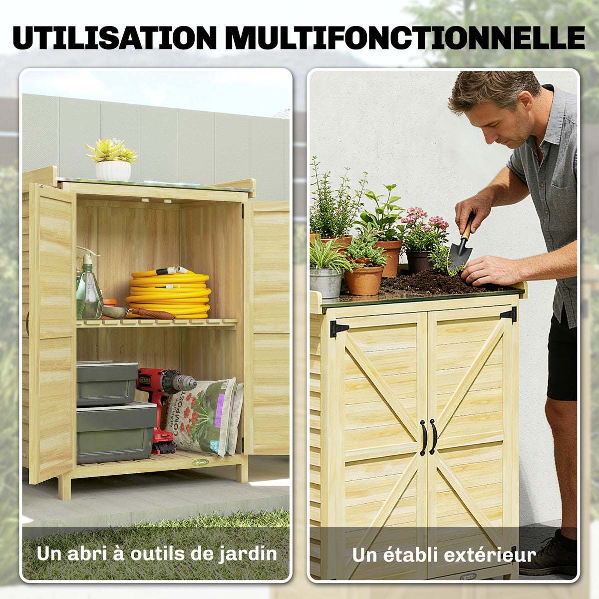 Armoire de jardin, armoire extérieure de rangement en bois, plan de travail en métal galvanisé, 71,5x39x95cm, naturel-3