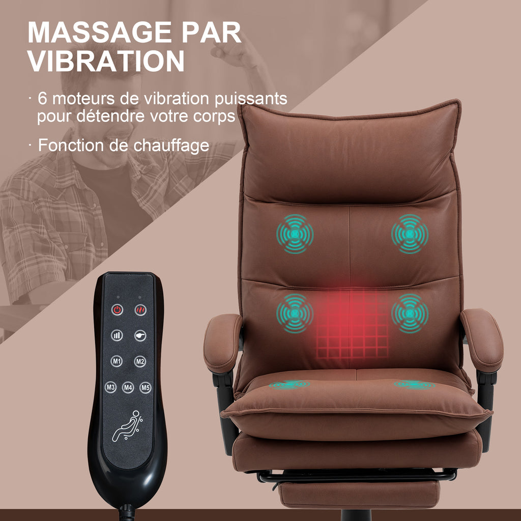 Fauteuil de bureau massant et chauffant, chaise de bureau, hauteur réglable, dossier inclinable, 66x74x121,5cm marron-3