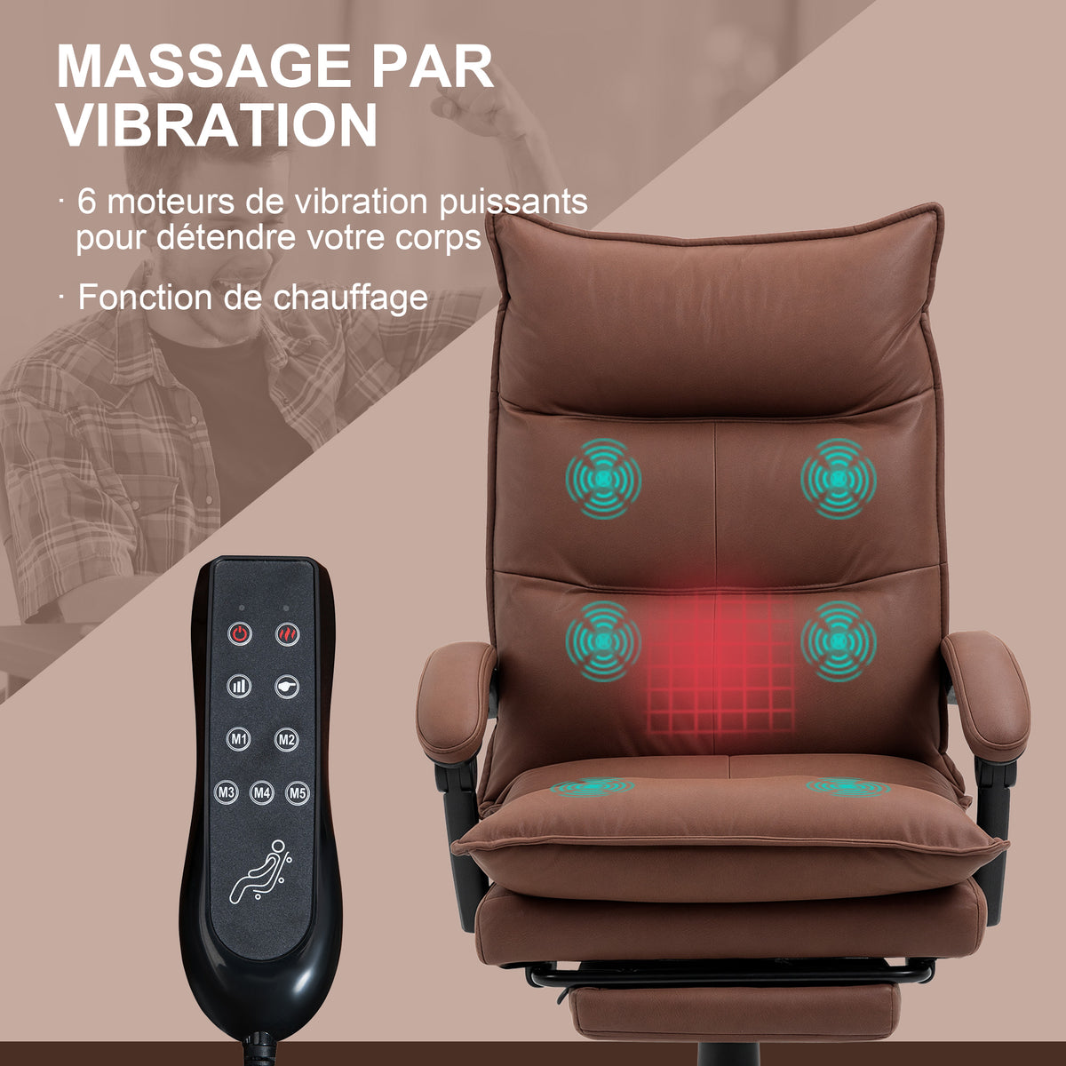Fauteuil de bureau massant et chauffant, chaise de bureau, hauteur réglable, dossier inclinable, 66x74x121,5cm marron-3