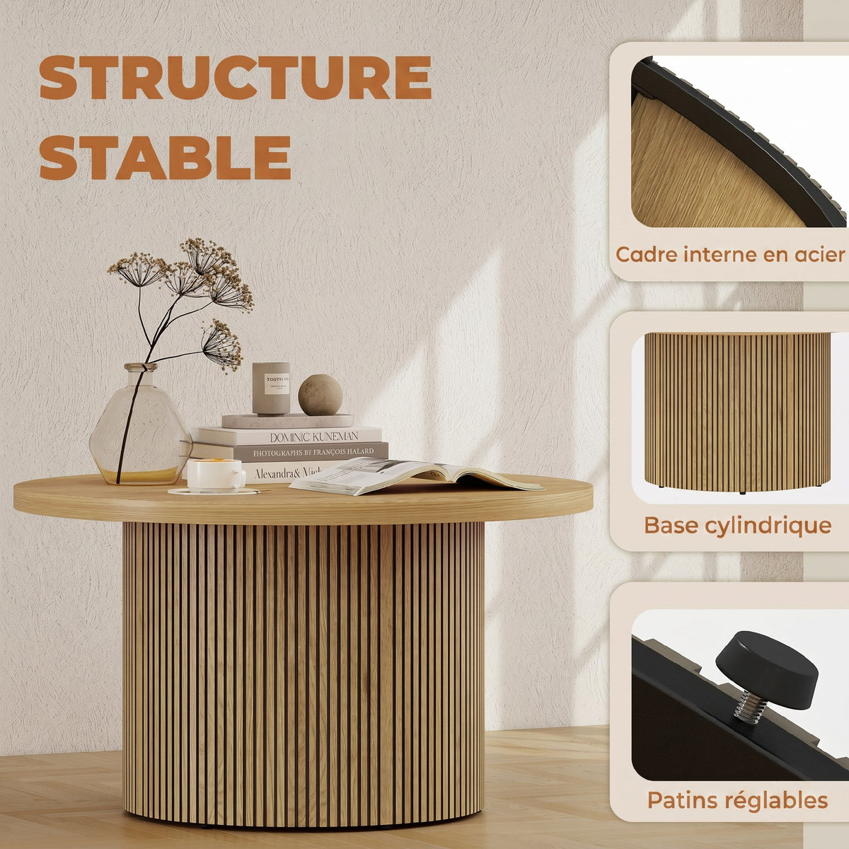 Table basse ronde en bois, table de salon avec piètement cannelé, style moderne, effet bois naturel-4