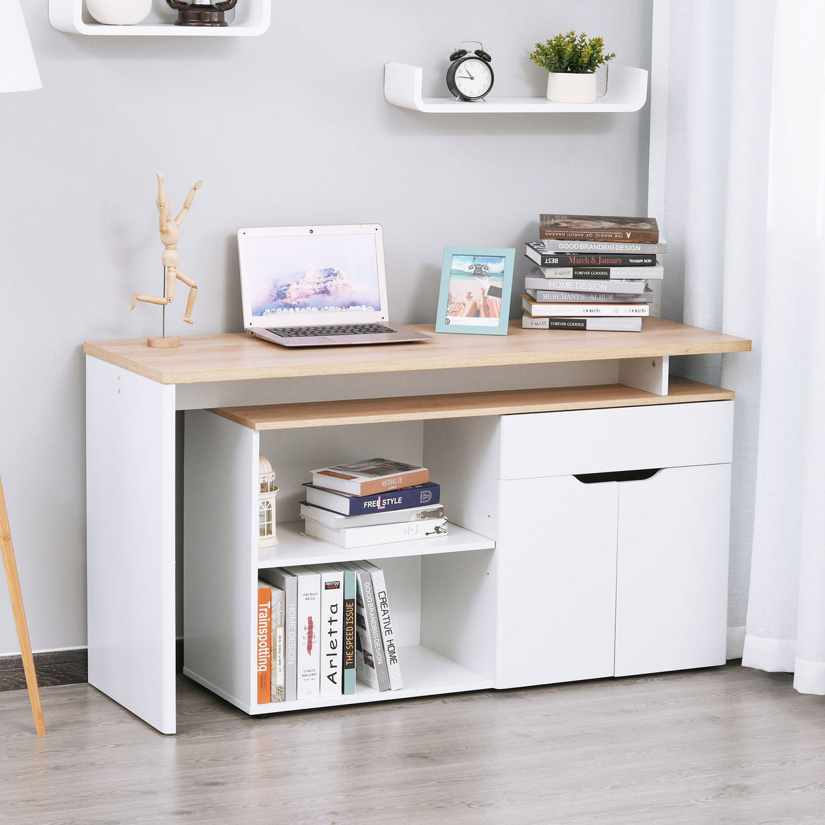 Bureau informatique multimédia modulable multi-rangements double niche + tiroir et placard en bois-1