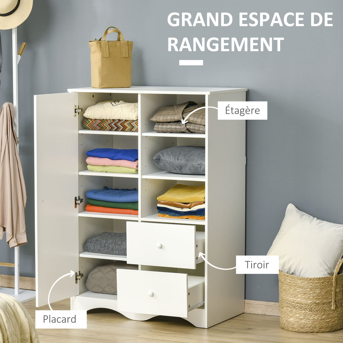 Armoire avec Porte et 5 étagères, 3 niches, 2 tiroirs, meuble de rangement blanc pour chambre, salon, bureau-4