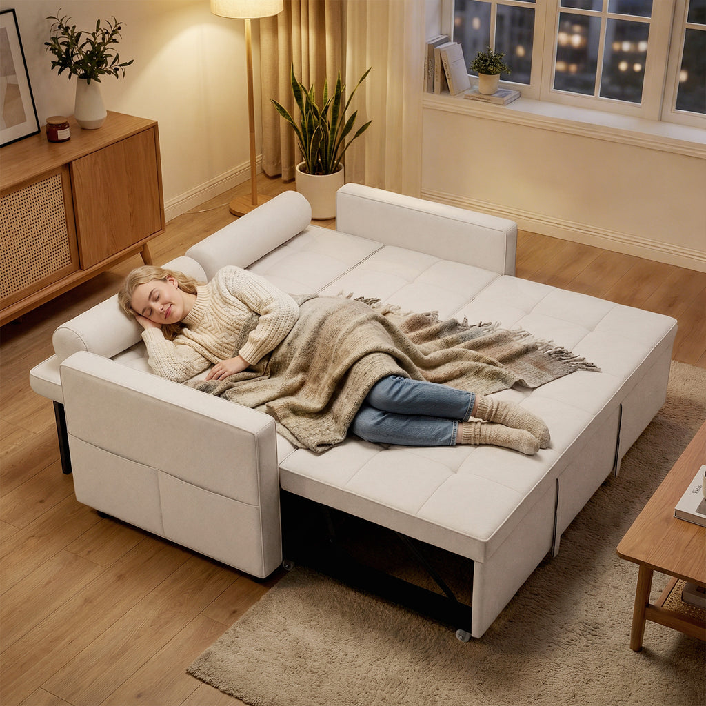 Canapé convertible 2 places 3 en 1 canapé-lit avec lit gigogne double dossier réglable 2 coussins 80,5x137,5x84cm beige-8
