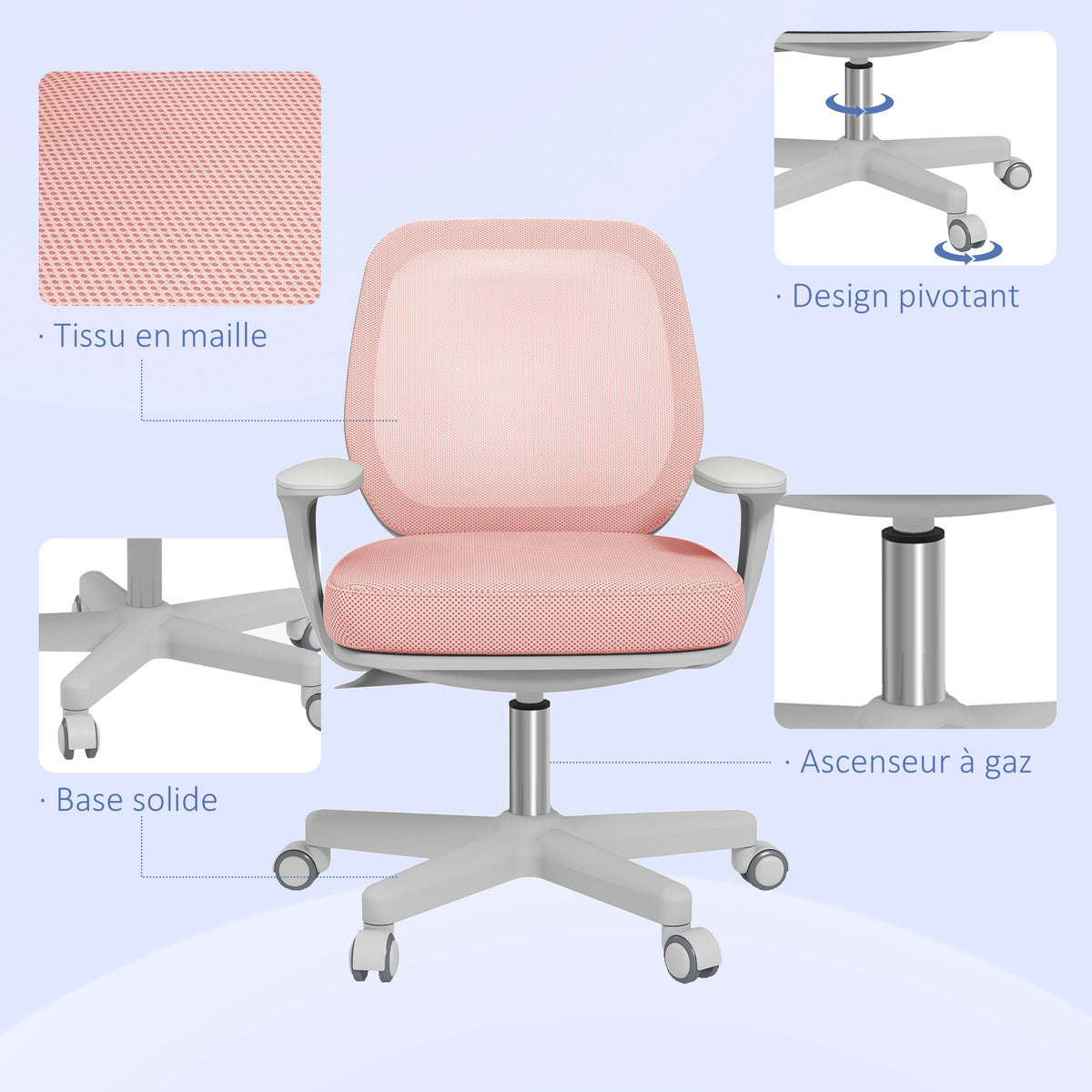 Fauteuil de bureau, chaise de bureau ergonomique en maille, hauteur réglable, 55x48x82,5-94,5cm, rose-6