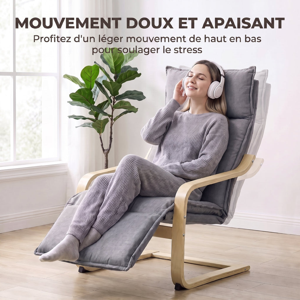 Fauteuil Salon, Fauteuil d'Appoint Rembourré en Lin avec Repose-Pieds, Assise Large, Bascule Douce, Dossier Haut, Gris-3