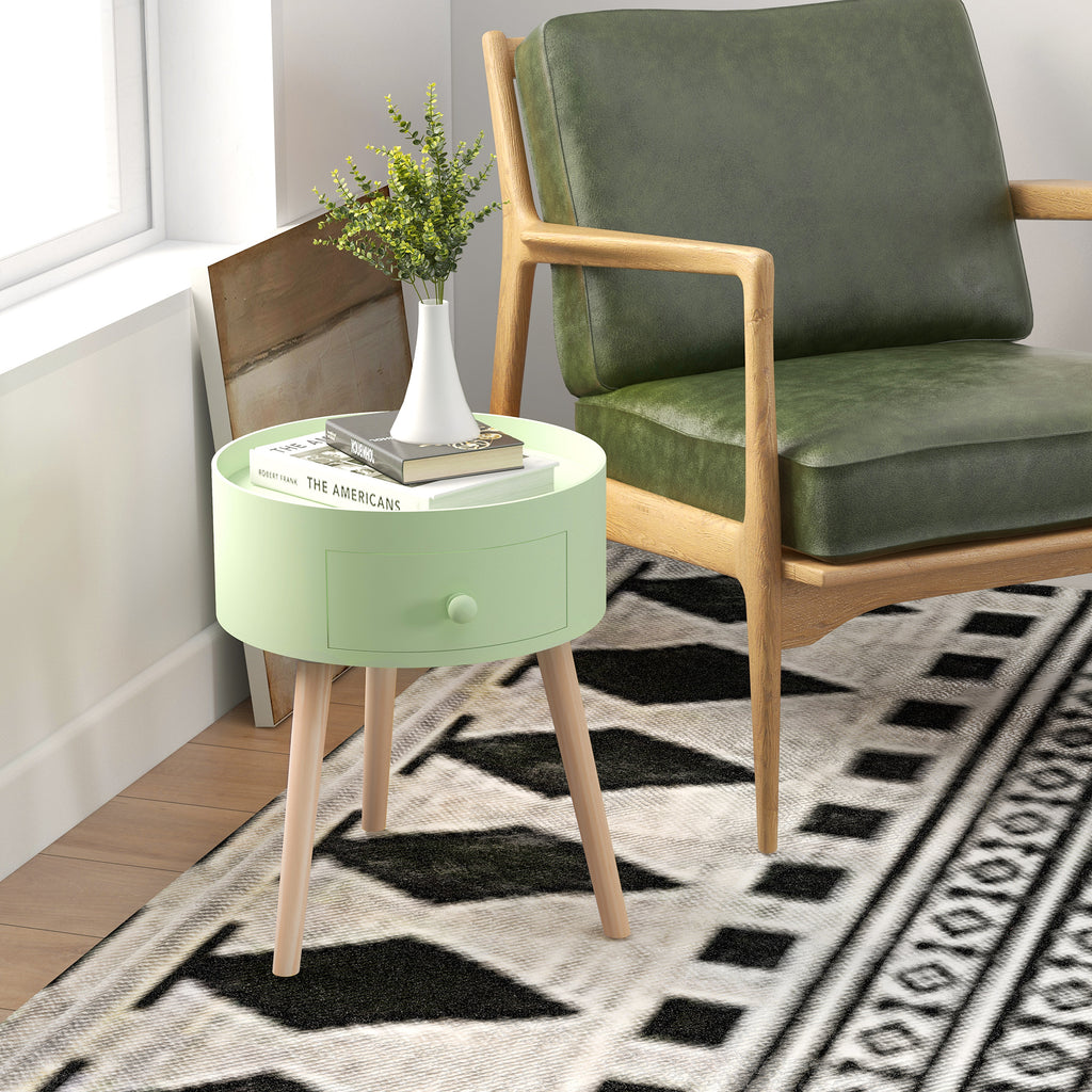 Table basse table de chevet table de nuit ronde design scandinave bout de canapé avec tiroir pieds effilés inclinés-9