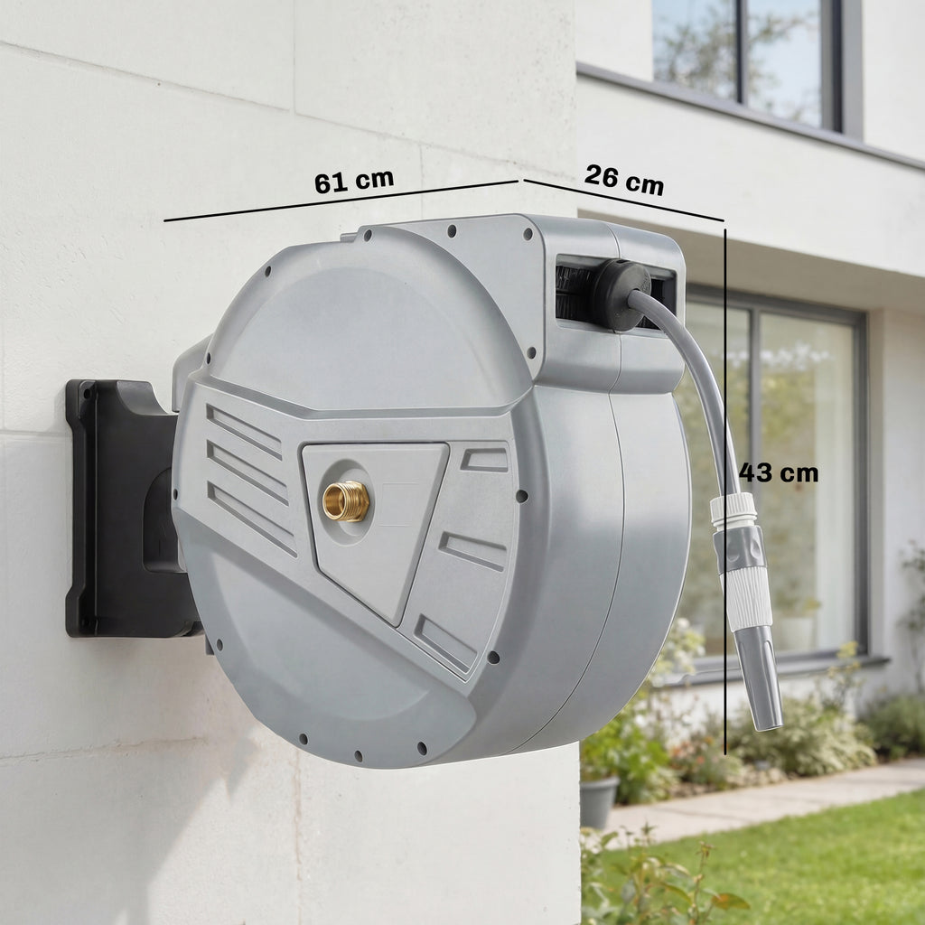 Enrouleur Tuyau Arrosage Mural 40+2 m x Ø 15mm, Dévidoir de Tuyaux d'Eau Rétractable Automatique Pivotant à 180°, Gris-2