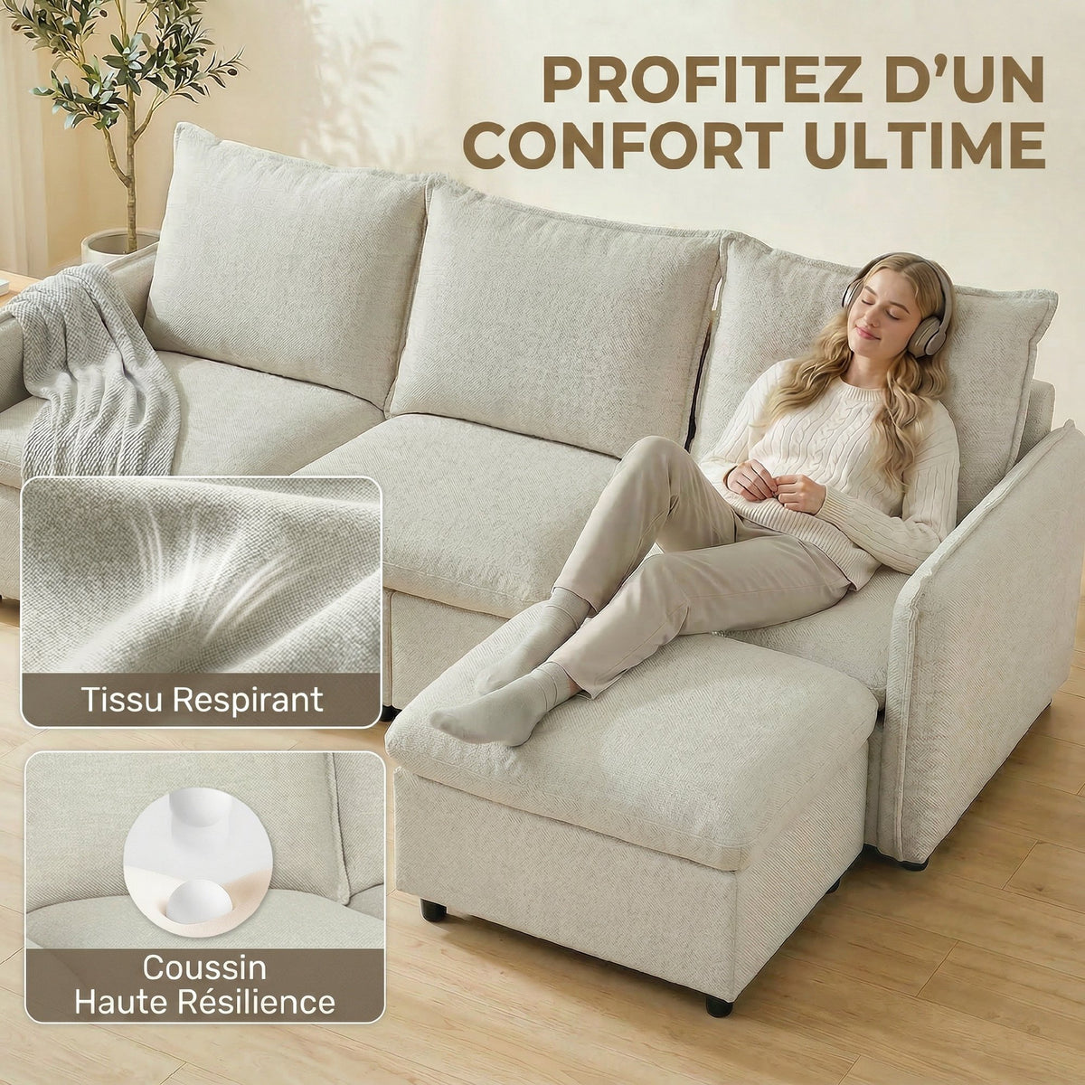 Canapé 3 places avec pouf de rangement, canapé d'angle modulable 212 cm, coussins à ressorts, tissu en lin, crème-3