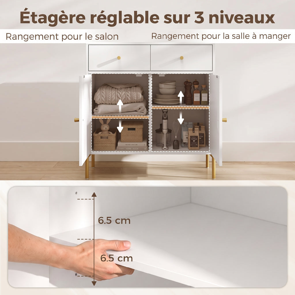 Buffet Salon, Meuble de Rangement avec 2 Portes, 2 Tiroirs, Étagères Réglables et Pieds en Métal, 80 x 39 x 86 cm, Blanc-4