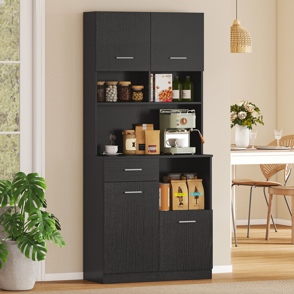 Buffet Haut Cuisine, Armoire de Cuisine avec 4 Portes à Fermeture Douce, Tiroir et Étagères Réglables, Noir-9