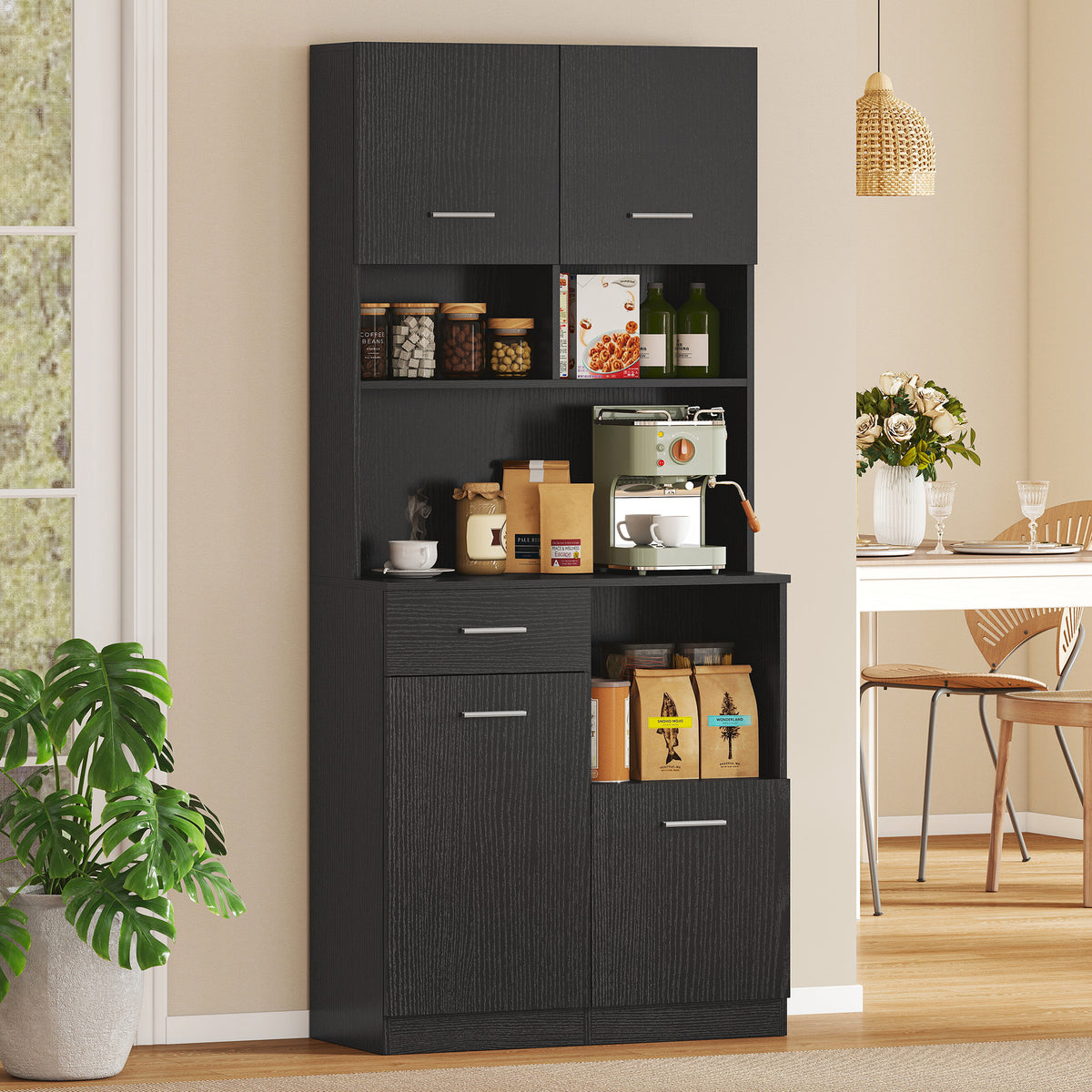 Buffet Haut Cuisine, Armoire de Cuisine avec 4 Portes à Fermeture Douce, Tiroir et Étagères Réglables, Noir-9