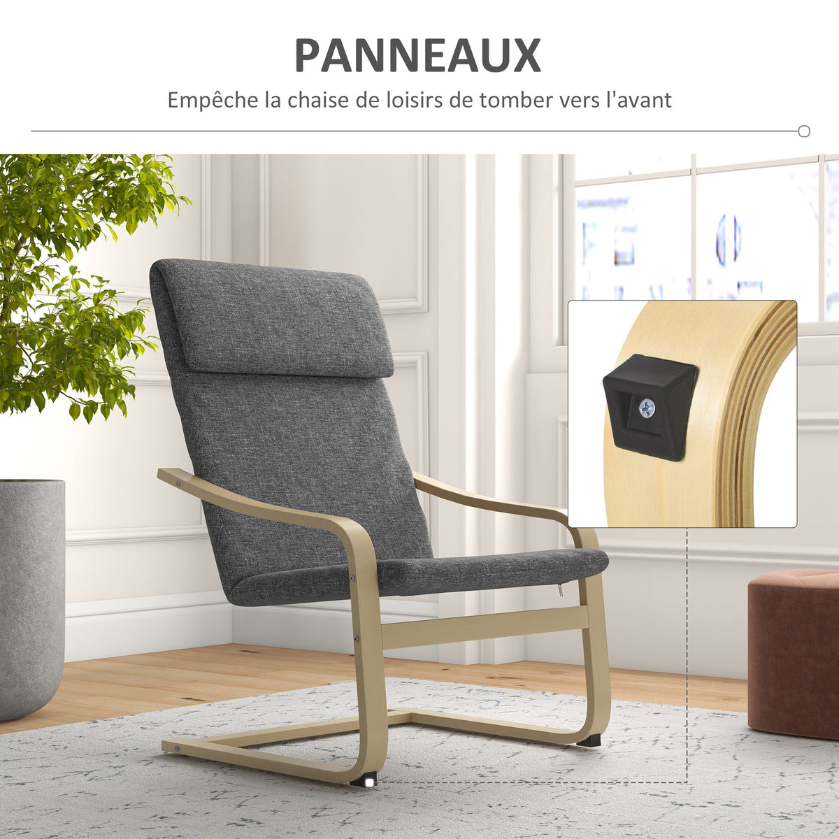 Fauteuil de salon, fauteuil chambre avec accoudoirs incurvés, coussin, tissu aspect lin, 65 x 79 x 98 cm, gris-6