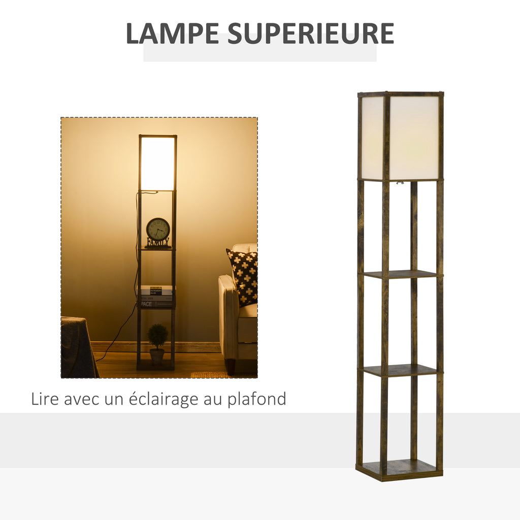 Lampadaire étagère Lampe étagère 26L x 26l x 160H cm 3 étagères 4 Niveaux MDF Blanc et Marron-5