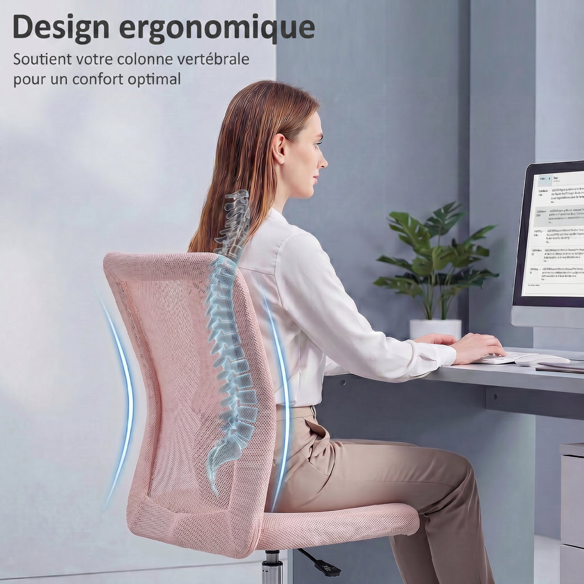 Chaise de bureau ergonomique hauteur réglable piètement chromé pivotant 360° revêtement maille rose-3